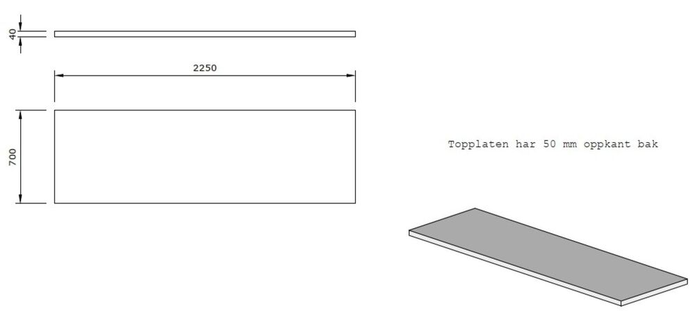RF Topplate 2250x700x40mm m/oppkant 50mm OUTLET