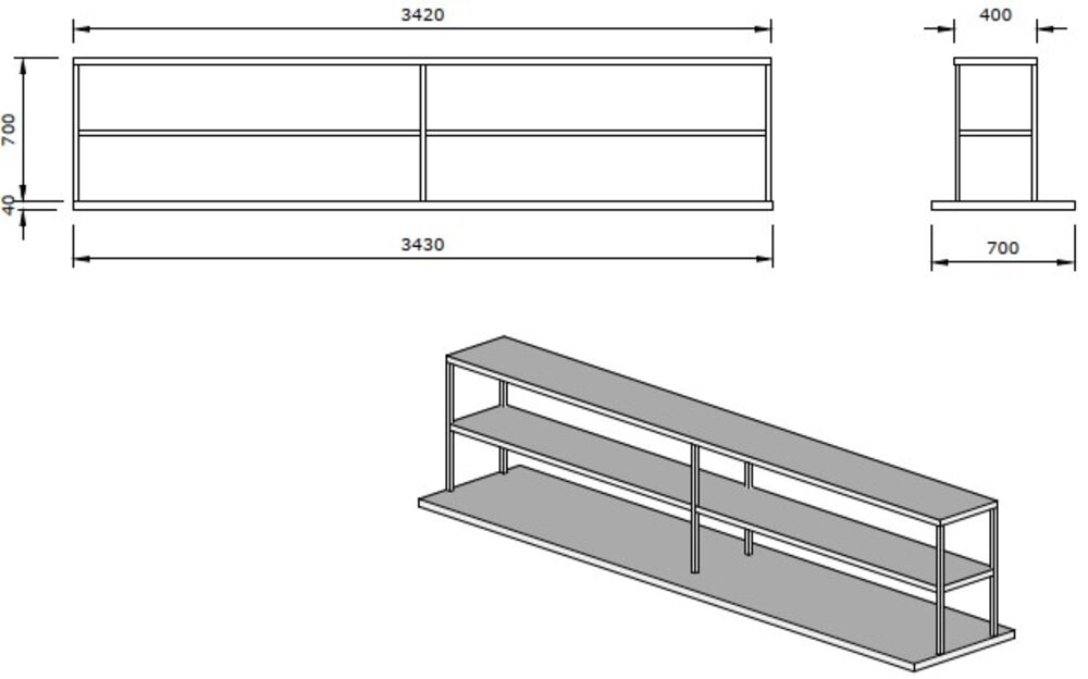 RF Topplate m/dobbel overhylle 3430x700x740 OUTLET