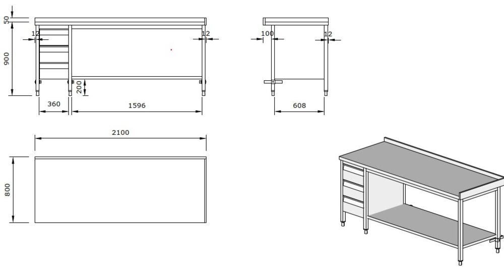 RF Benk 2100x800x900 mm m/3 skuffer og underhylle OUTLET