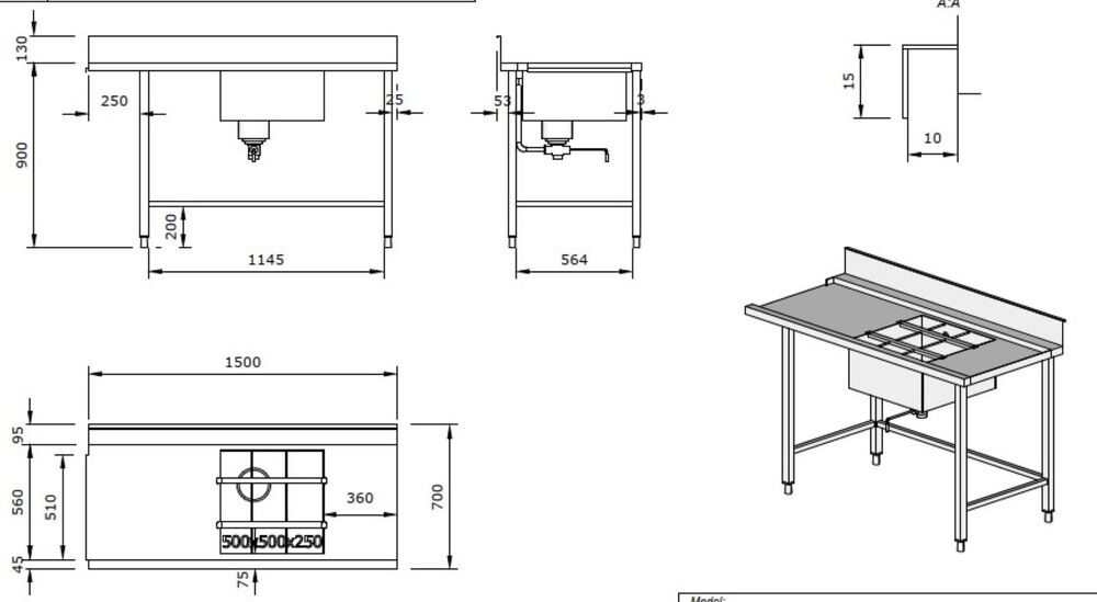 RF Innleveringsbenk oppvask m/kum 1500x700x900mm - OUTLET