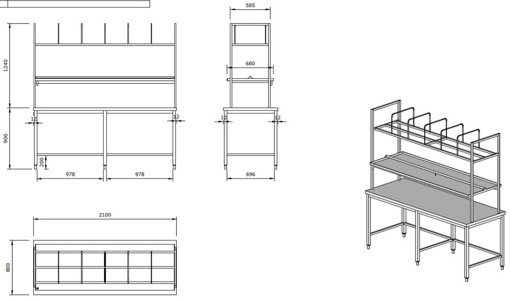 RF Sorteringsbenk oppvask 2100x700x2140 m/sorteringshylle og hylle fortomkurver - OUTLET