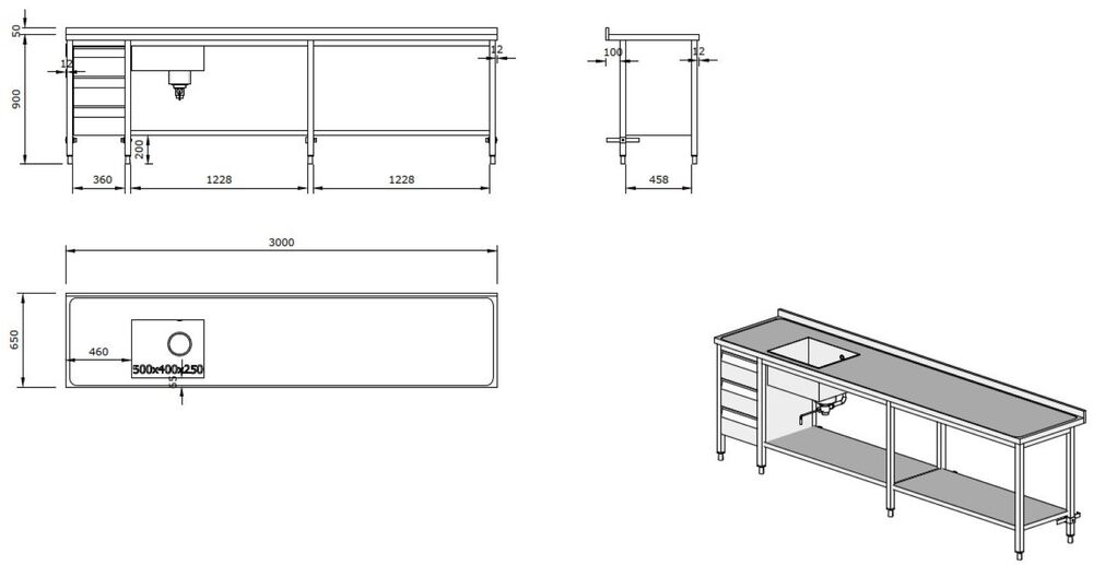 RF Benk 3000x650x900mm m/kum, 3 skuffer og underhylle - OUTLET